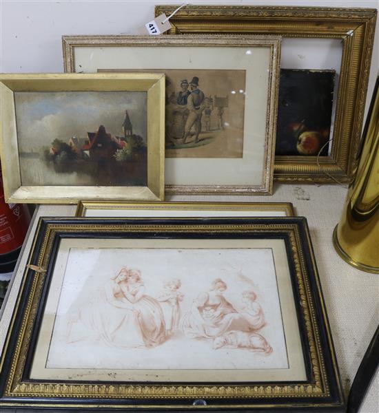 Five assorted paintings and prints including an oil still life of fruit